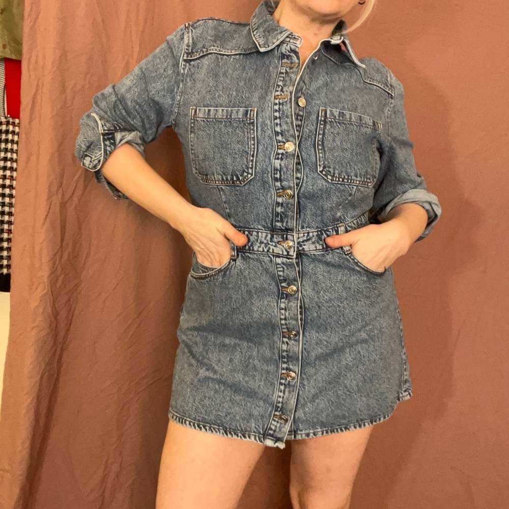 Zara Button Front Denim Mini Dress with Pockets